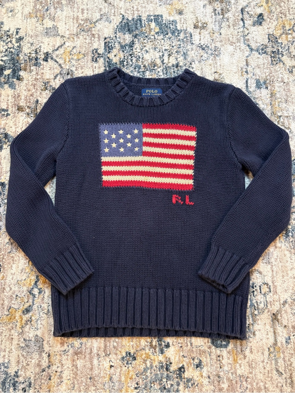 Kids Polo Ralph Lauren Navy Blue USA Flag Knit Sweater Size Small 8